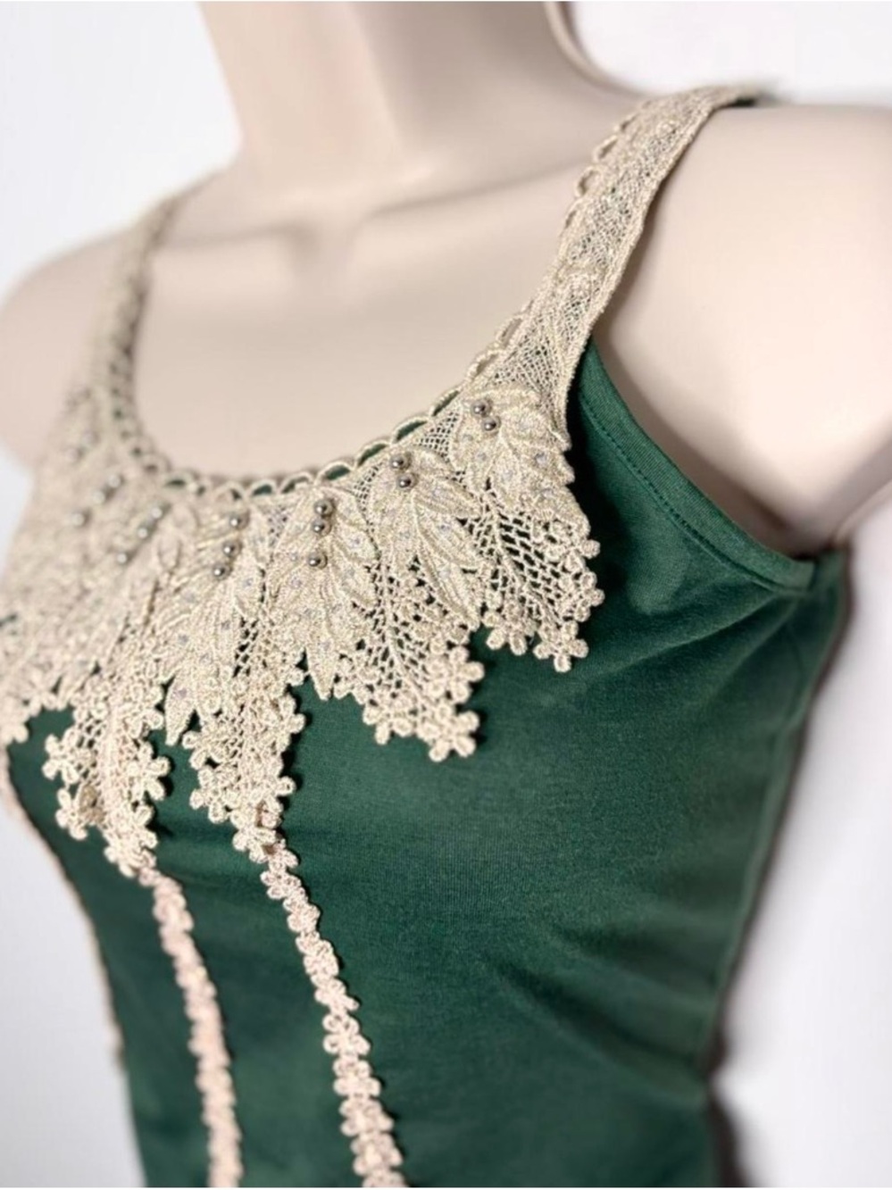 Fairycore Green Tank Top with Cream Crochet Trim - Picture 4 of 6